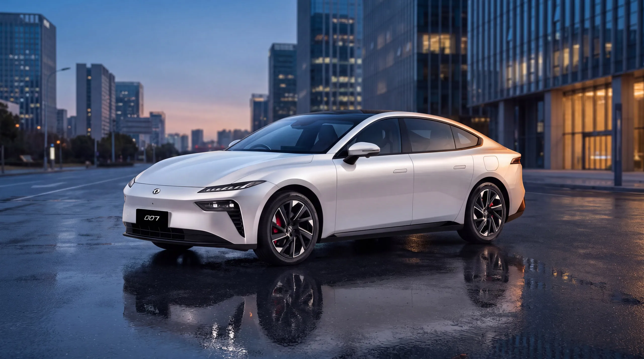 Dongfeng 007: white electric sedan on a wet city street at dusk