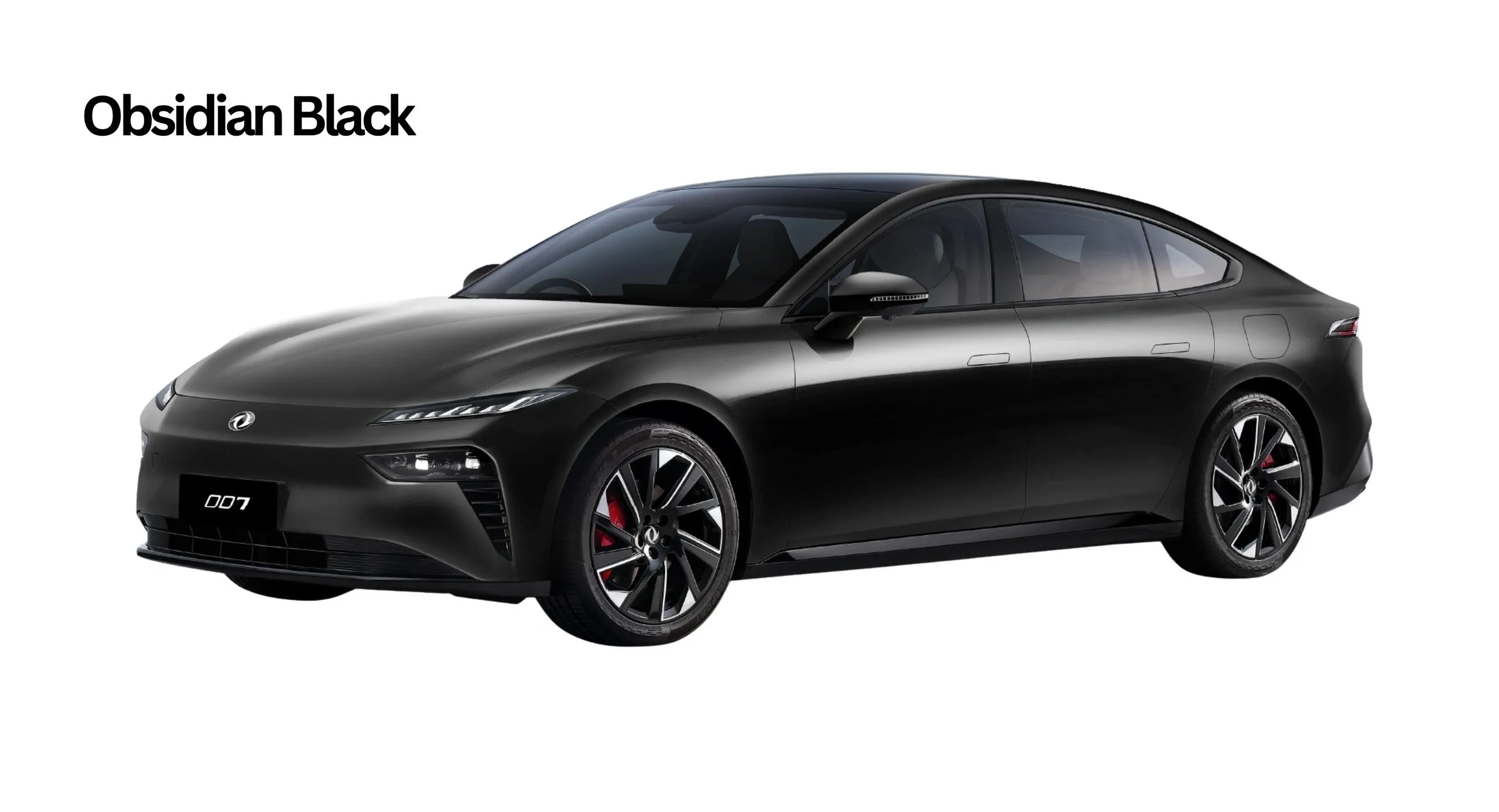 Dongfeng 007 electric sedan in Obsidian Black paint, studio front three-quarter view