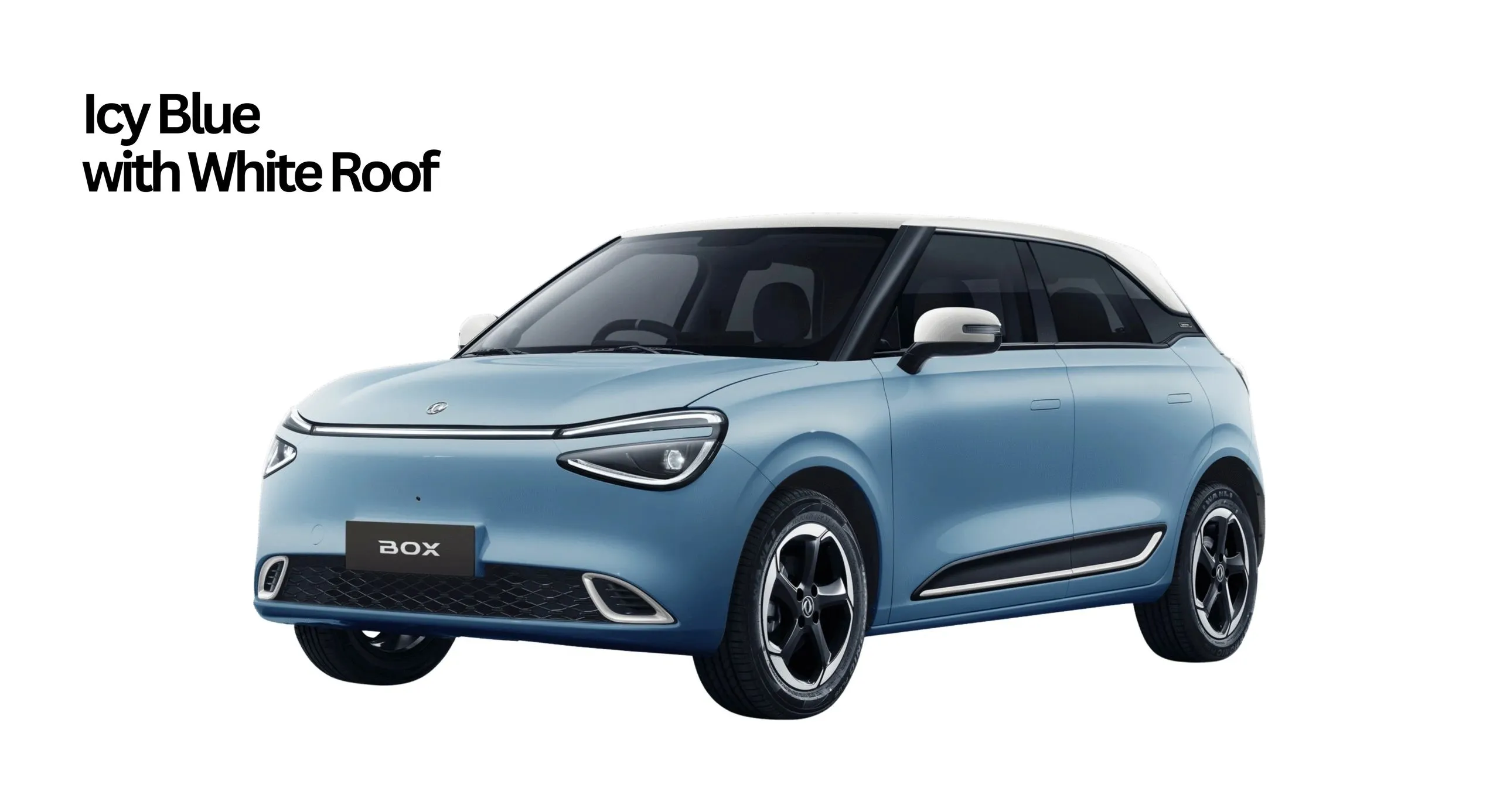 Dongfeng BOX in Icy Blue with a white contrast roof, studio front three-quarter view