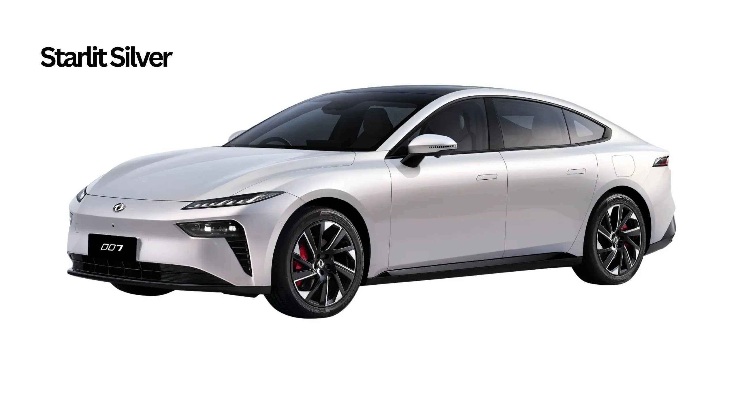 Dongfeng 007 electric sedan in Starlit Silver paint, studio front three-quarter view