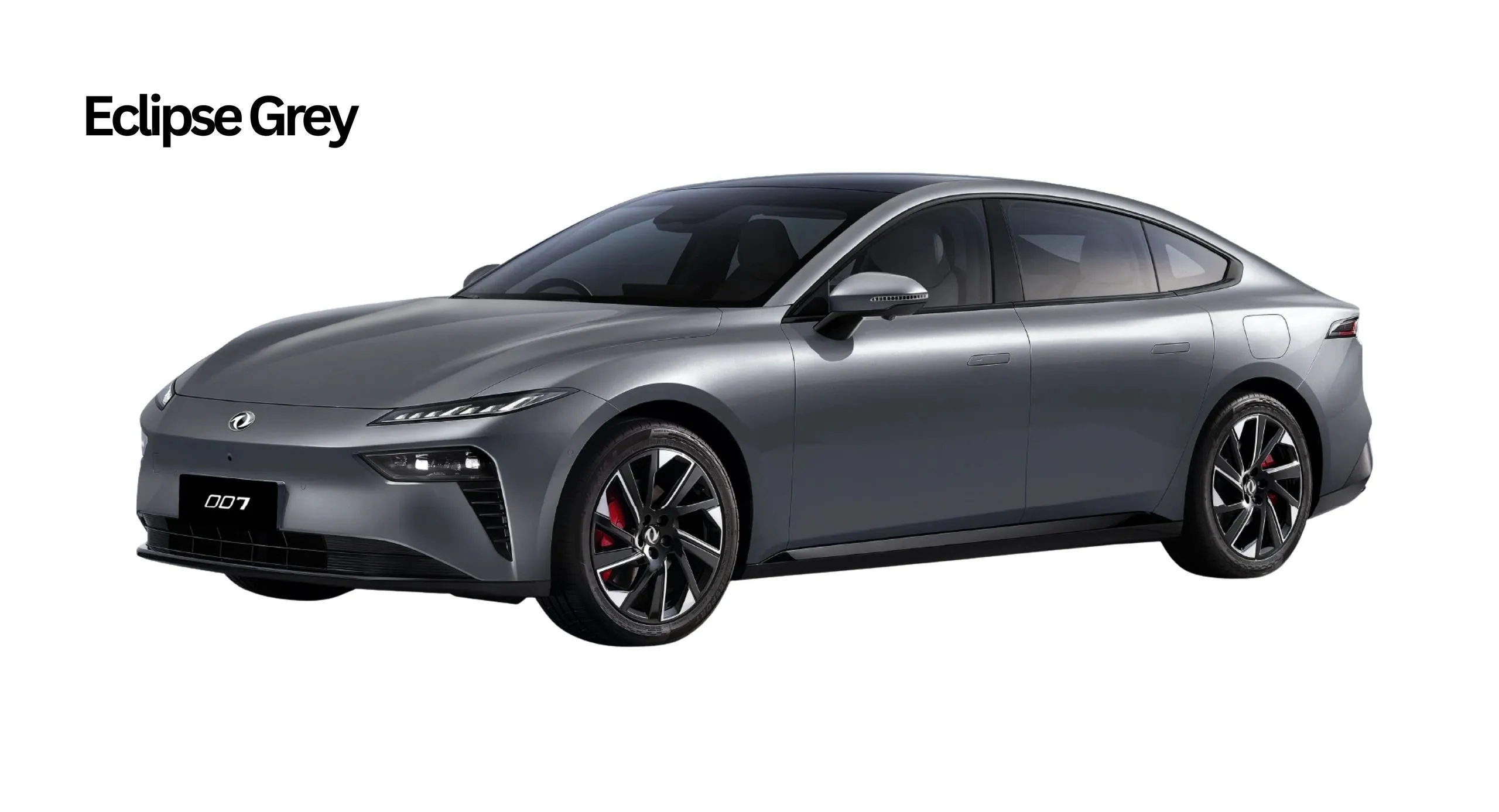 Dongfeng 007 electric sedan in Eclipse Grey paint, studio front three-quarter view