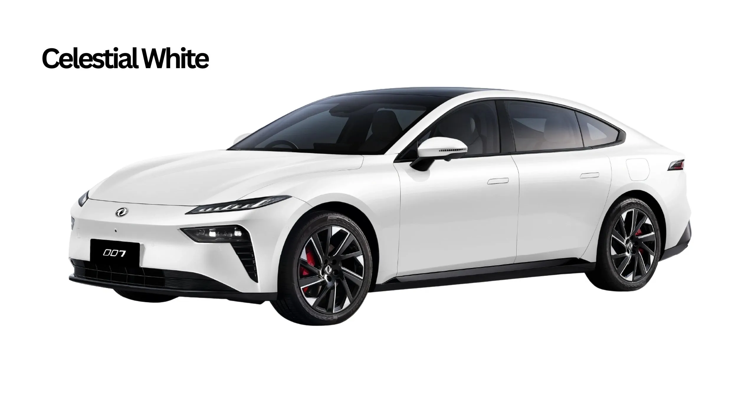 Dongfeng 007 electric sedan in Celestial White paint, studio front three-quarter view