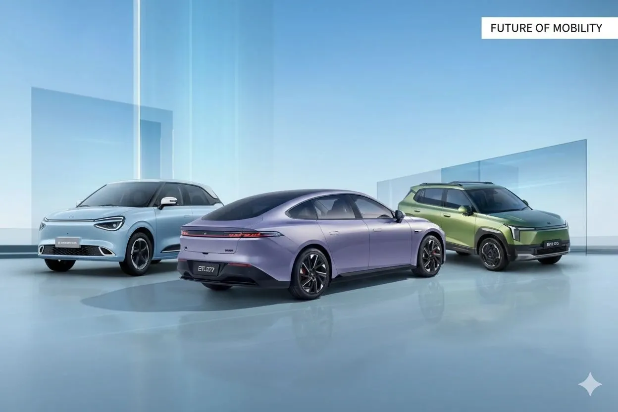 Dongfeng EV lineup: BOX hatchback, 007 sedan and VIGO SUV in a light blue studio