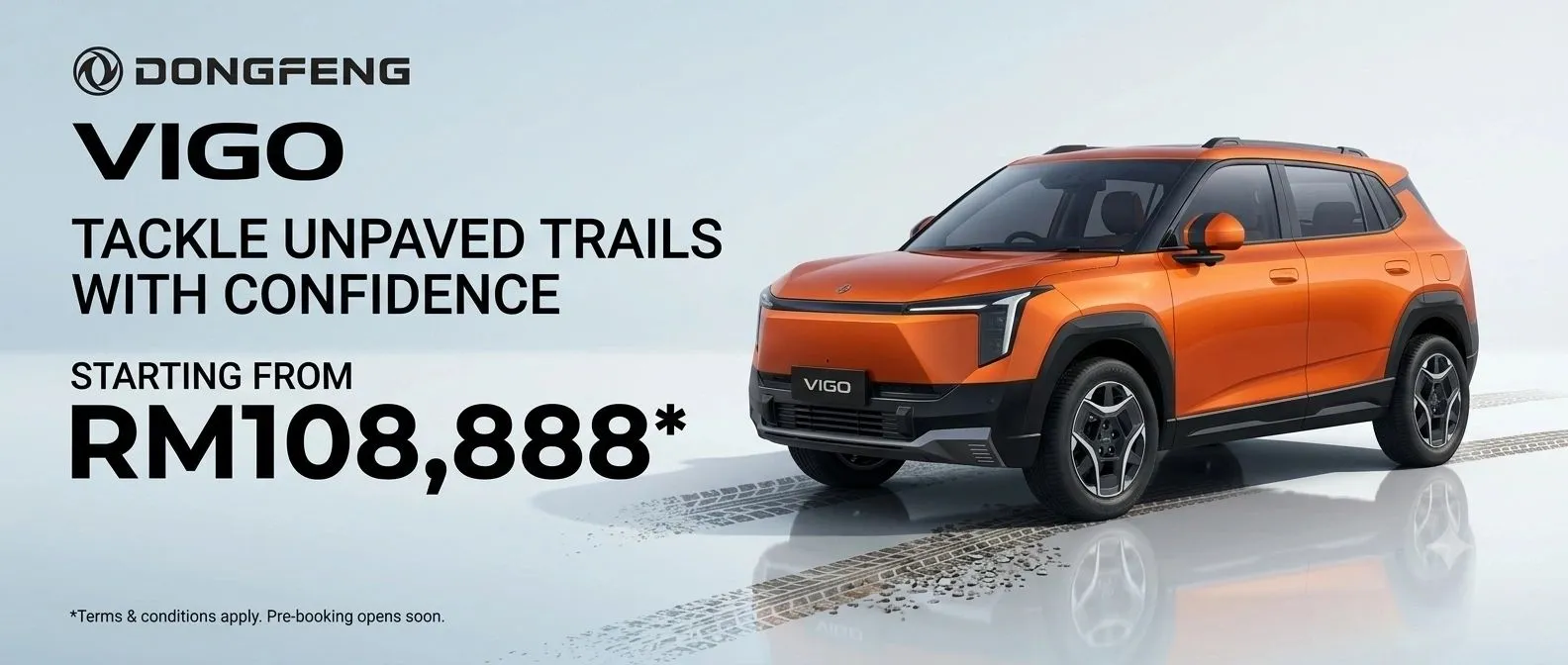 Dongfeng VIGO hero banner: orange electric SUV with pricing from RM108,888