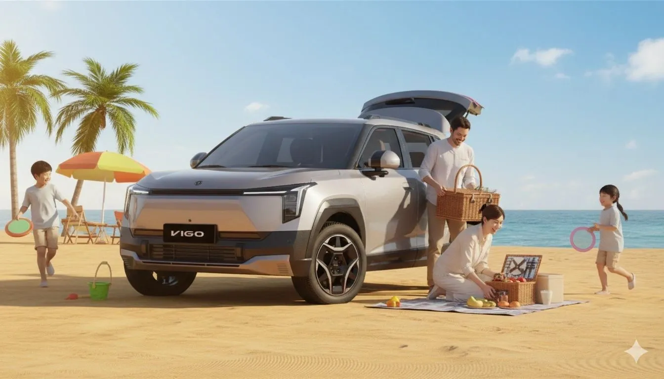 Family enjoying a beach picnic beside a silver Dongfeng VIGO with its tailgate open