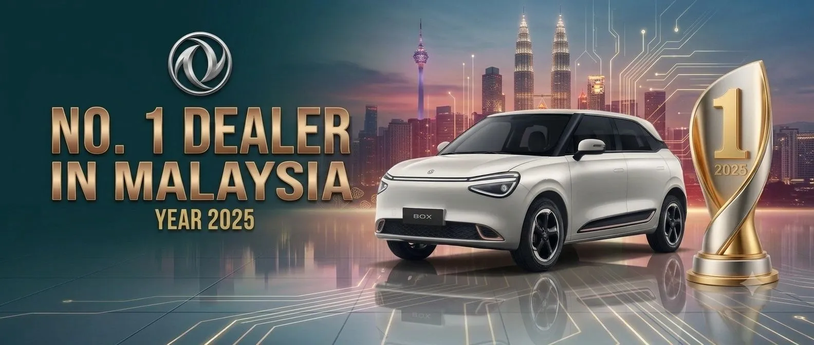 Dongfeng BOX in front of the Kuala Lumpur skyline with a No.1 Dealer in Malaysia 2025 award trophy