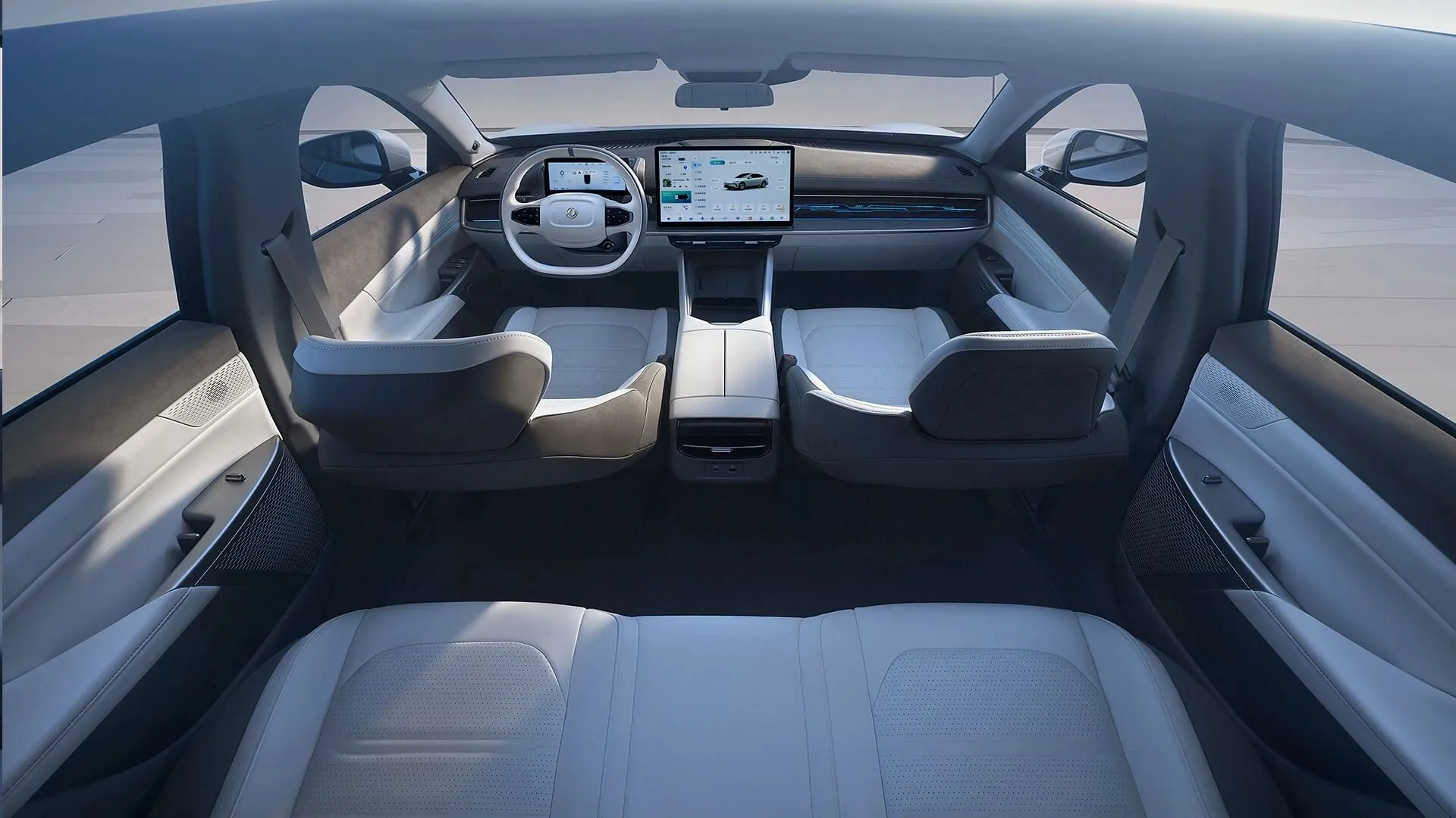 Dongfeng 007 full interior panorama with white leather seats and twin screens