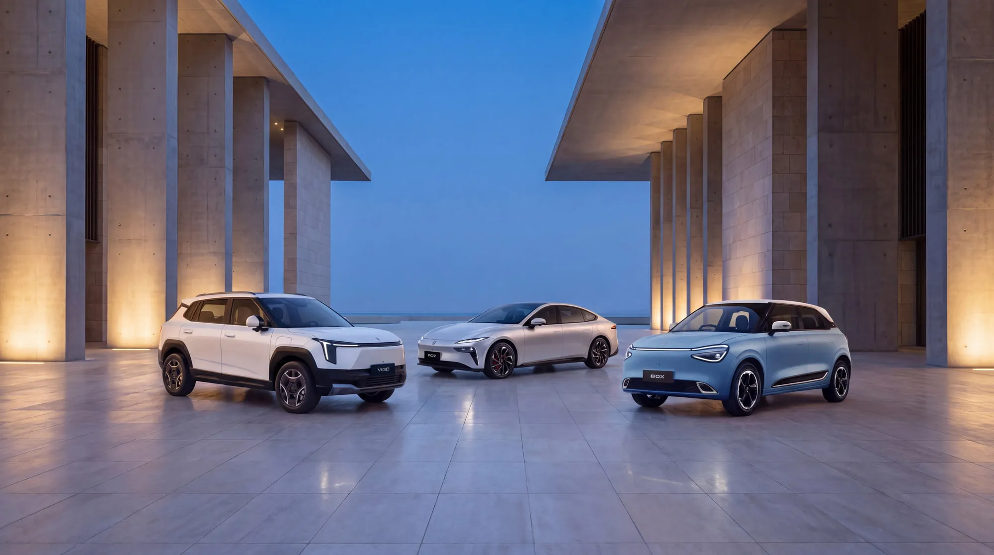 The Dongfeng VIGO SUV, 007 sedan and BOX hatchback at dusk beneath a concrete colonnade