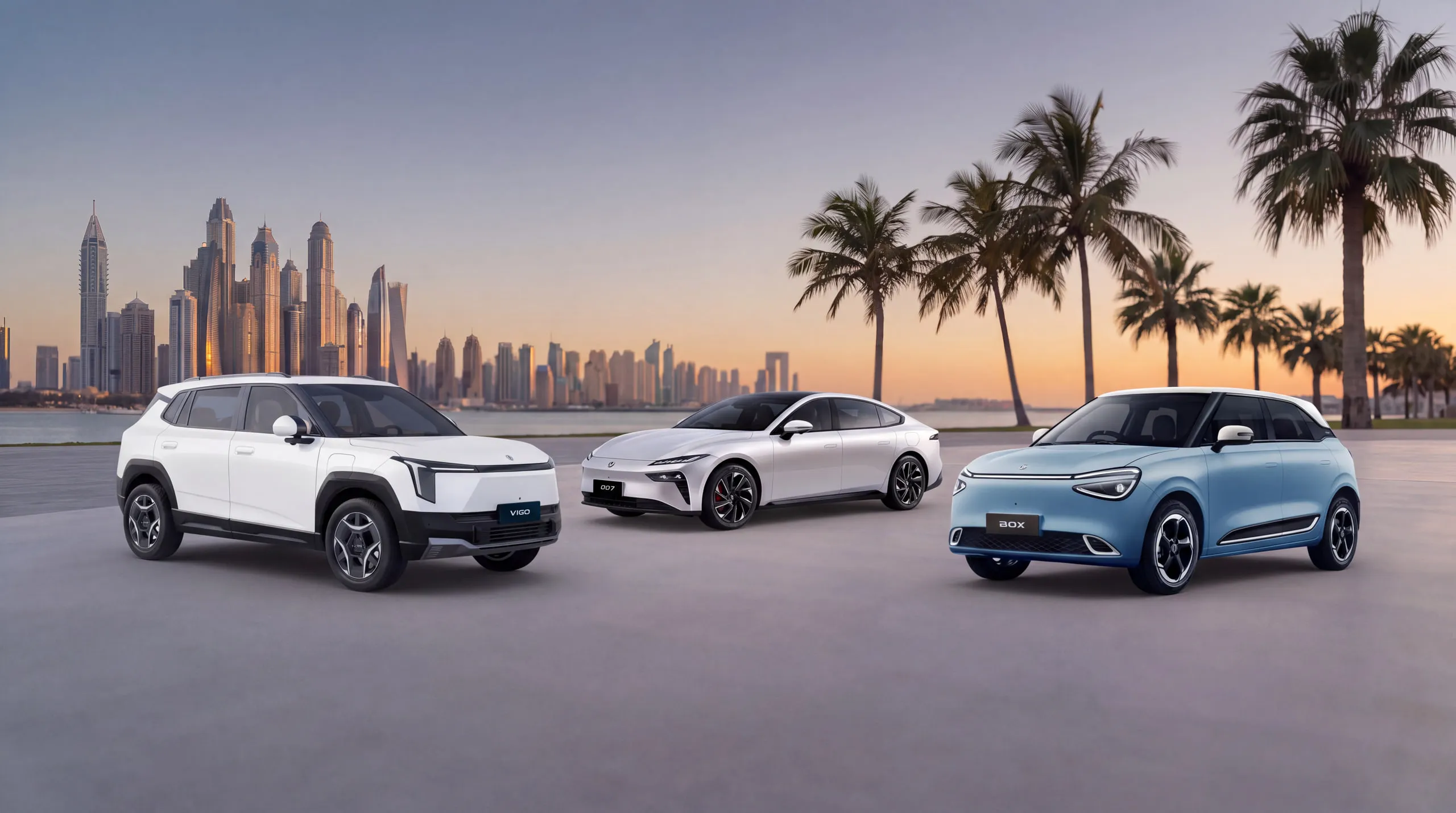 The Dongfeng VIGO SUV, 007 sedan and BOX hatchback together at sunset, with a city skyline and palms behind