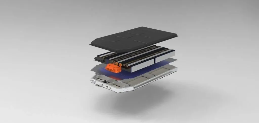Exploded view render of the Dongfeng VIGO battery pack layers