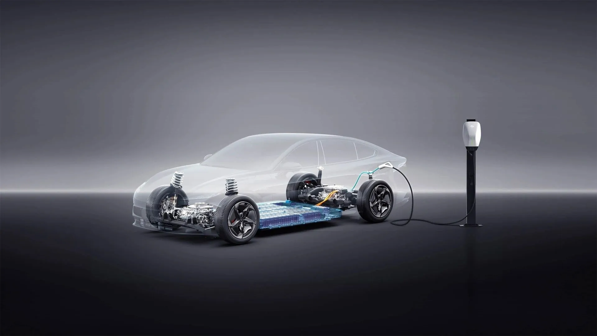 Dongfeng 007 x-ray render charging at a wallbox, showing battery and motors
