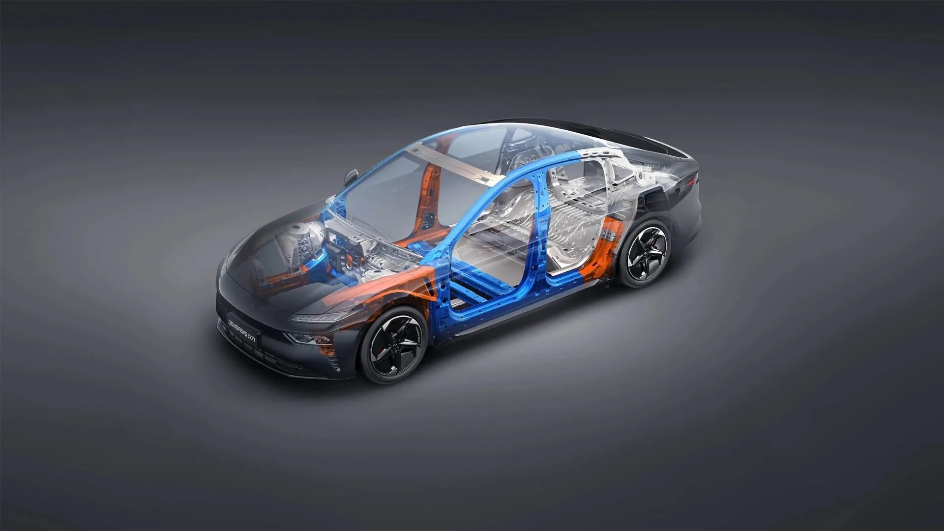 Dongfeng 007 body structure render with reinforced zones highlighted