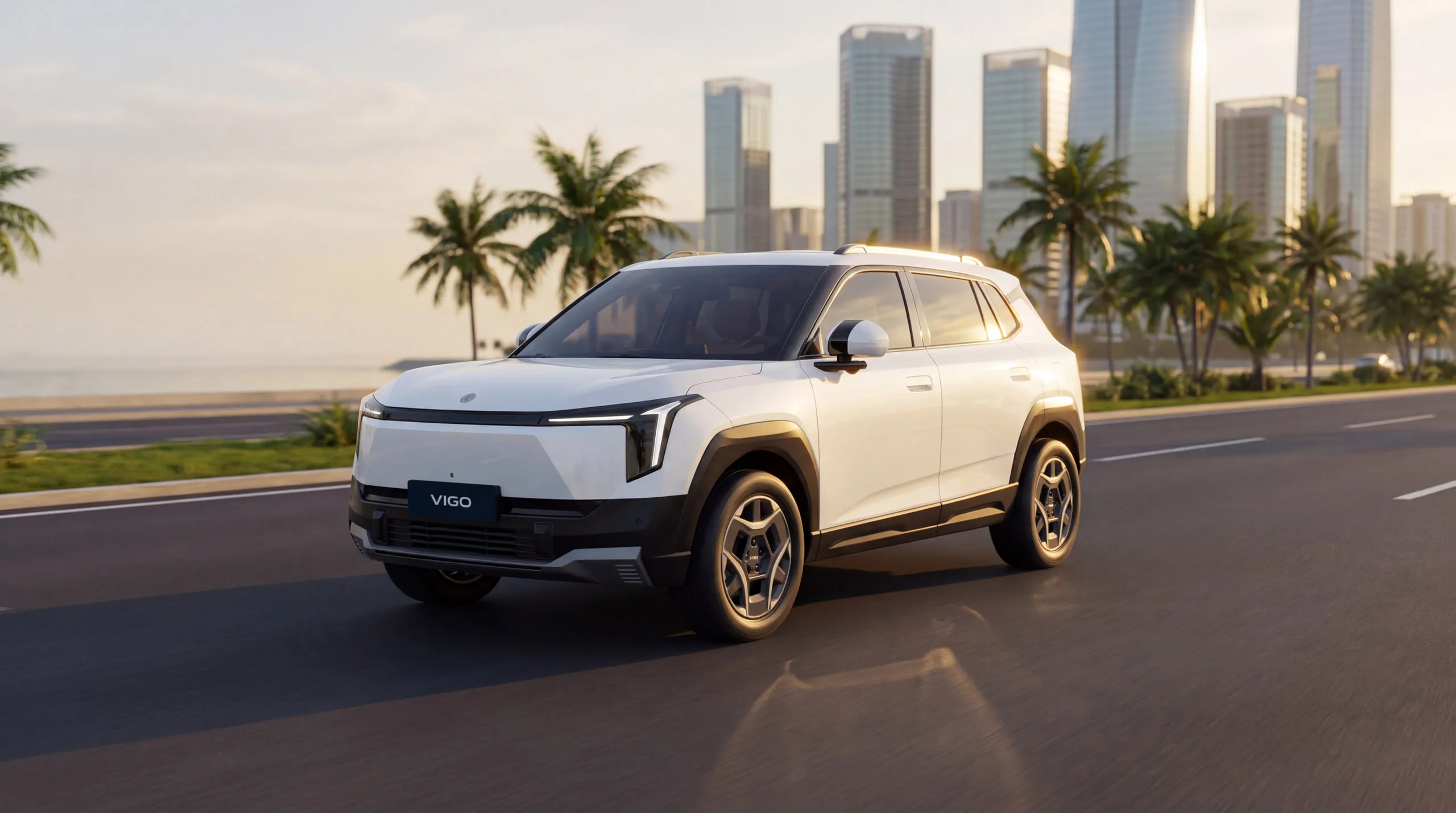 Dongfeng VIGO: white electric SUV on a coastal road at sunrise, city skyline behind